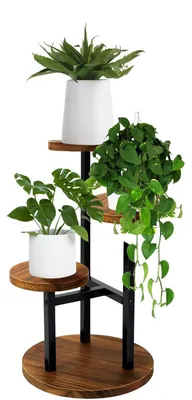 Image de Support à plantes en métal et en bois, à 3 niveaux, pour intérieur et extérieur