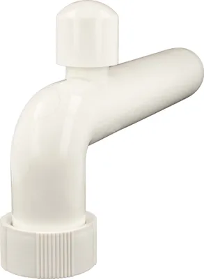 A white plastic pipe fitting with a cap on top and a threaded base.