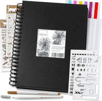 Produktbild von Lobome A4 Schwarzes DIY Fotoalbum, 90 Seiten zum Selbstgestalten mit Scrapbook Zubehör, Schablonen, Aufkleber, Metallic Marker | Erinnerungsalbum mit anpassbarer Einband, getrennt durch Pauspapier