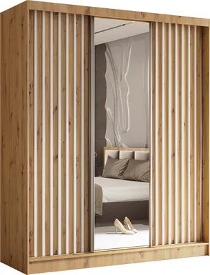 Produktbild von Masseno Schiebetürenschrank LAMELLO 180 cm Kleiderschrank Schlafzimmer Schrank 3-türig mit Spiegel und Lamellen Eiche Artisan