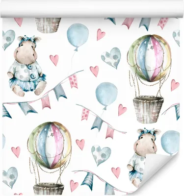 Produktbild von 10m VLIES TAPETE Rolle Kinderzimmer Luftballons Nilpferde Herzen Sterne XXL