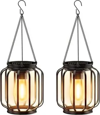 Produktbild von Garten Solarlampen für Außen Hängend, 2 Stück Solar Laternen für Draußen mit Größer LED-Glühbirne, IP65 Wasserdicht Metall Solarleuchten für Außen Terrasse Rasen Balkon Hof Gartendeko