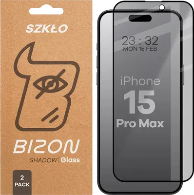 Produktbild von 2x Gehärtetes Glas mit Privatschutzfilter für iPhone 15 Pro Max, Bizon Glass Edge Shadow Duo, getönt mit schwarzer Rahmen