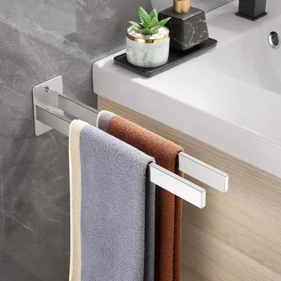 Image de Porte-serviettes double, à fixer au mur par perçage, 38 cm, argenté, en acier inoxydable SUS304