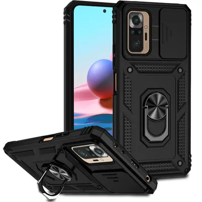 Immagine prodotto di Custodia per Xiaomi Redmi Note 10 Pro/10 Pro Max a doppio strato con copertura scorrevole della fotocamera e supporto ad anello nero