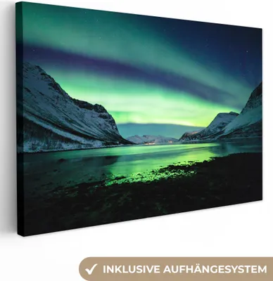 Obrázek produktu pro OneMillionCanvasses® - Obraz na plátně - Polární záře - Norsko - Led - Žlutá - Hora - Voda - Sníh, nástěnná malba, nástěnné dekorace obrazy obývací pokoj, 90x60cm