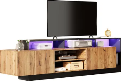 Produktbild von TV-Schrank 190 cm, Moderner TV-Bank mit LED-Beleuchtung, 2 Türen und Offene Stauraumfächer, Schwarz
