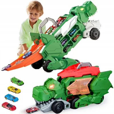 Image de Camion dinosaure avec 4 petites voitures en métal – piste 2 en 1 avec lanceur, T-Rex transformable, voitures miniatures, sons et lumières
