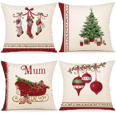 Produktbild von Set mit 4 weihnachtlichen Leinenkissenbezügen, 45x45 cm, für Sofa, Schlafzimmer und Sessel.