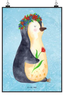 Produktbild von Mr. & Mrs. Panda Bild Pinguin Blumen DIN A1 - Eisblau - Geschenk, Leben, Plakat, Kunstdruck, Blumenliebe, Universum, Wunderschön, Motivation, Wandbild, drucke, wanddeko