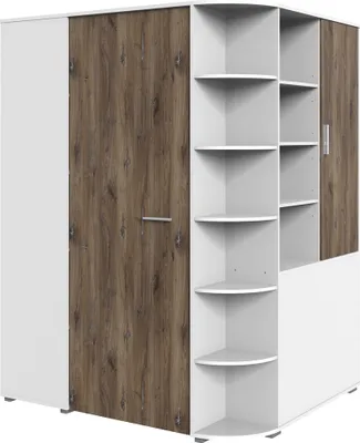 Produktbild von begehbarer Eckkleiderschrank mit Falttür JOHANNESBURG-43 in weiß mit Eiche Nb., B/H/T: ca. 124/199/148 cm