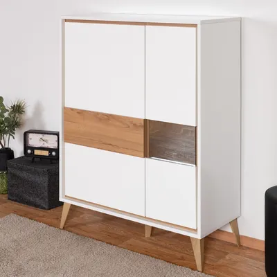 Produktbild von Vitrine Tuanai 03, Farbe: Eiche / Weiß Hochglanz - 121 x 95 x 40 cm (H x B x T)