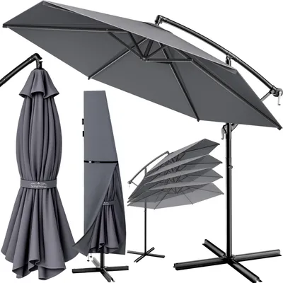 Produktbild von KINGSLEEVE® Sonnenschirm UV Schutz 80+ Ø 300 cm Groß mit Ständer Schutzhülle Windsicherung Neigbar Rund Kurbel Garten Balkon Ampelschirm Anthrazit