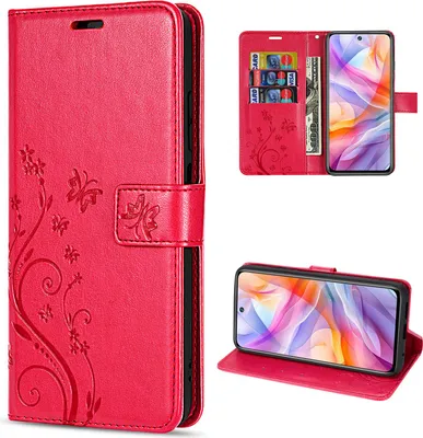 Collage of a red flip phone case with floral and butterfly design, showing the case closed, open with cards and cash, and open as a stand.