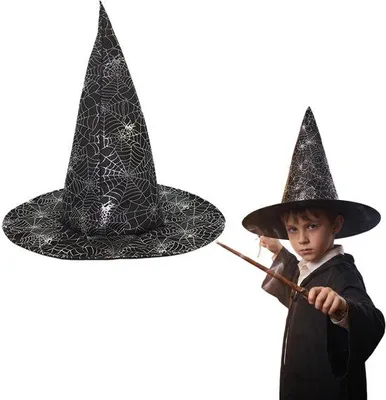 Zdjęcie produktu dla Kapelusz czarownicy dla dzieci - Czarno-srebrista pajęczyna - Dodatek do stroju na imprezę - Idealny na Halloween - Luxento