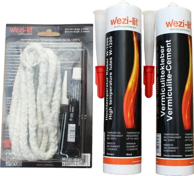 Produktbild von Ofenschnur Ø 8mm 2m + Schnurkleber + Dichtmasse W-1200 + Vermiculitekleber hitzebeständig bis 1000°