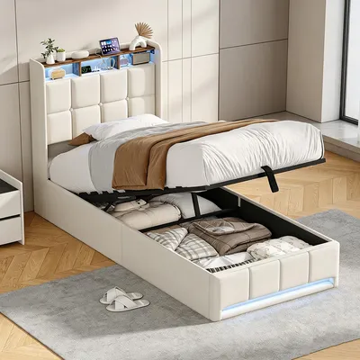 Produktbild von INONEFT Boxspringbetten 90x200 mit LED und USB/C, Polsterbett mit hydraulischem Stauraum und Lattenrost, Einzelbetten Bettgestell,Leinen, Beige