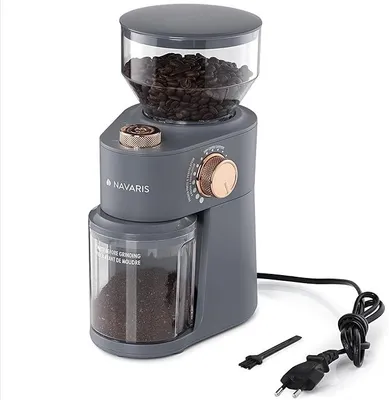 Zdjęcie produktu dla Navaris Elektryczny młynek do kawy z tarczą ze stali nierdzewnej - 200W - do 14 filiżanek kawy - 18 ziaren - Młynek do kawy Matt Grey Rose Gold