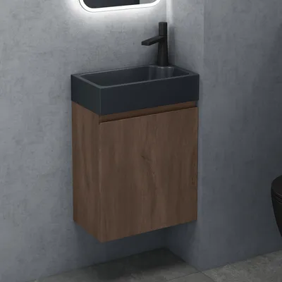 Image de doporro Petit Meuble de Salle de Bain Suspendu 46cm Chêne Ensemble de 2 Pièces Meuble avec Lavabo Solid Surface Design Pisa02