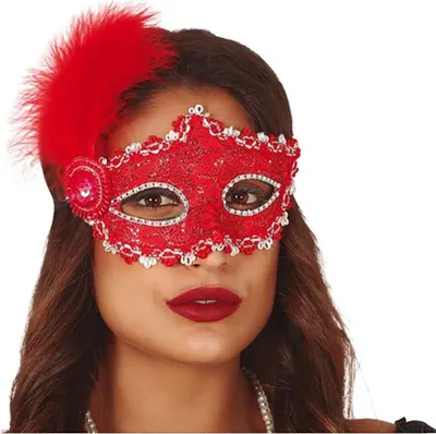 Immagine prodotto di Carnevale Venezia Maschera Decorata Piume Strass Rosso Glamour Costume Ballo Adulti Carnevale Eleganza Festa Maschera Occhio Dettagli Filigrana, Colore: Rosso