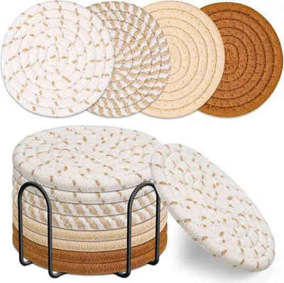 Image de set de 8 dessous de verre en coton fait main avec support en marron
