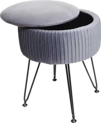 Zdjęcie produktu dla Taboret HWC-K47, taboret ze schowkiem, Ø 33 cm, aksamitny wygląd ~ jasnoszary, czarna rama