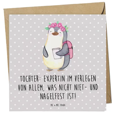 Produktbild von Mr. & Mrs. Panda Grußkarte Tochter Expertin - Grau Pastell - Geschenk, Familie, Freude, Dankeschön, Einfallsreichtum, doppelkarte, Glückwunschkarte, Chaos, faltkarte