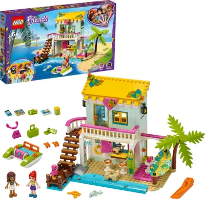 Produktbild von LEGO 41428 Friends Strandhaus mit Tretboot Set, Puppenhaus mit Mini Puppen Andrea & Mia und 2 Tierfiguren, Spielzeug ab 6 Jahren