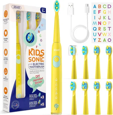 Produktbild von Elektrische Kinderzahnbürste mit 38000 Vibrationen, 5 Modi, 8 Bürstenköpfen, Smart Timer, wiederaufladbar, extra weiche Borsten, 60 Tage Akku