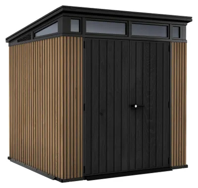 Produktbild von Pent 7x7 - Gartenhaus 216x226x218 cm 2 Türen zur Werkzeugaufbewahrung Holzoptik-Finish Evotech+ aus braunem und schwarzem Harz