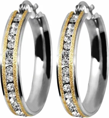 Produktbild von Akzent Edelstahl Creolen mit Zirkonia Steinen, IP Gold, Bicolor
