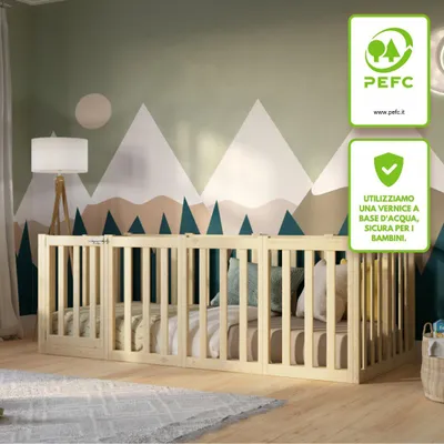 Immagine prodotto di Crazy Pine Letto per Bambini 140x180 cm – Letto Montessori da Pavimento in Legno Naturale – Barriera Apribile e Protezione 73 cm – Crazy John