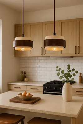 Produktbild von Opviq, Hochwertiger Kronleuchter mit Holz-Korpus, Travertin-Kappe, verstellbare Höhe 16-146 cm, Ø12 cm, Beige und Walnuss, 2 x E27, Max 40 W, IP20, skandinavisches Design.