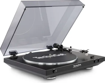 A black TechniSat TECHNIPLAYER LP 200 turntable with its dust cover open.