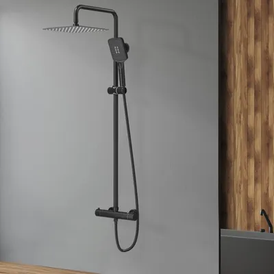 Produktbild von Duschsystem mit Thermostat, schwarz, 25 x 25 cm, eckige Regendusche, Edelstahl, Komplettset, Regendusche mit Armatur, 3 Strahlarten, Dusche