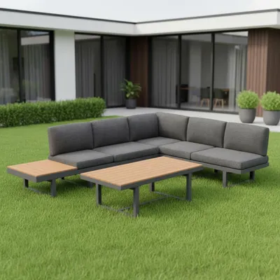 Produktbild von Sitzgruppe Aluminium – Ecksofa mit Liegefunktion & Tisch, wetterfeste Lounge