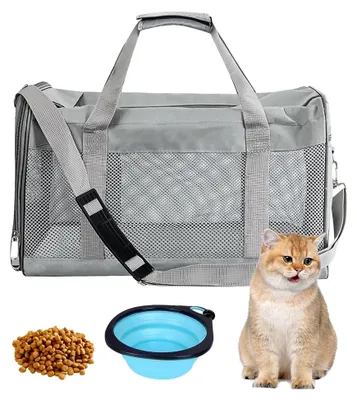 Produktbild von Transportbox für Katzen und Hunde, faltbar, inkl. Hundenapf, 42 x 27 x 28 cm (Grau)