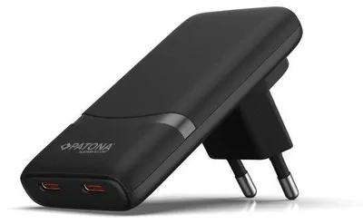 Produktbild von PATONA Ladegerät Slim / 2x USB-C / 100–240 V / PD 65 W – GaN PD 3.0 / QC 3.0 / Schwarz