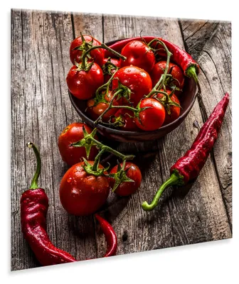 Obrázek produktu pro Skleněná dekorace "Peppers 2B", 30x30 cm. Obraz na zeď s motivem chilli papriček, vhodný do kuchyně, moderní design. Skleněná dekorace, ideální do kuchyně, restaurace, kavárny. Vhodné jako dárek