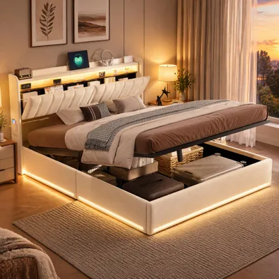 Imagen del producto de Cama con somier INONEFT de 140x200 cm con LED y USB, estructura de cama con somier/espacio de almacenamiento, cama tapizada con cajón, cama hidráulica con espacio de almacenamiento, terciopelo, color beige