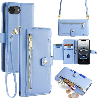 Produktbild von Handykette für iPhone 16E Hülle mit Band Handyhülle Kartenfächer Kunstleder Umhängetasche in Hellblau