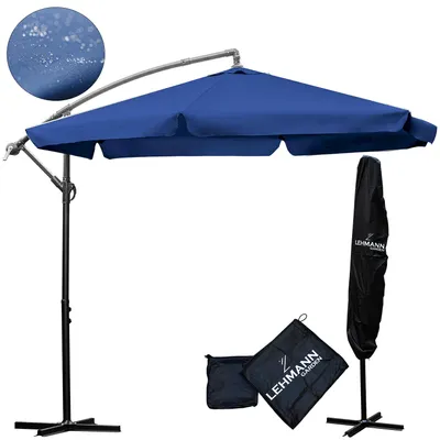 A navy blue cantilever umbrella with its stand, a protective cover, and a storage bag, all presented on a white background.