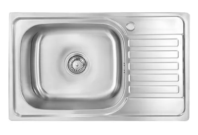 A top-down view of a stainless steel kitchen sink with a single basin and a drainboard.