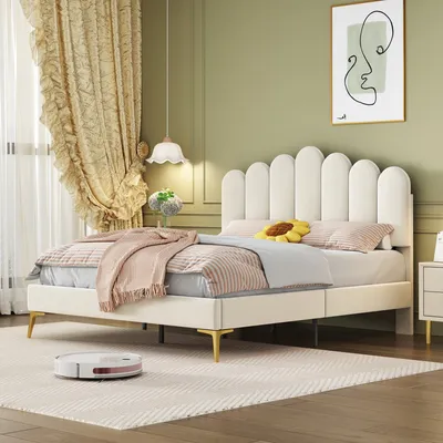 Produktbild von 140x200cm Beige Samtstoff Polsterbett Doppelbett (Ohne Matratze) Bettgestell mit Kopfteil und Lattenrost, Erwachsenen Jugendbett Gästebett