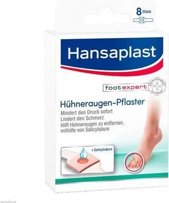 A box of Hansaplast Hühneraugenpflaster (corn plasters) with Salicylsäure (salicylic acid).