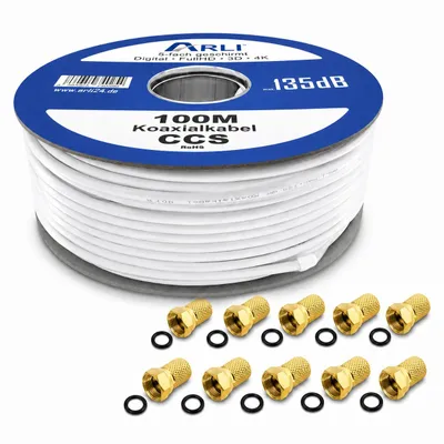Produktbild von 100m ARLI Koaxialkabel – max. 135 dB 5-fach geschirmt + 10x F-Stecker vergoldet mit breiter Mutter und Dichtring DVB-S2 DVB-C2 DVB-T2 4K HD TV
