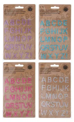 Produktbild von Strass-Alphabet-Aufkleber Set, 27 Buchstaben, in Blau, Pink, Silber und Lila