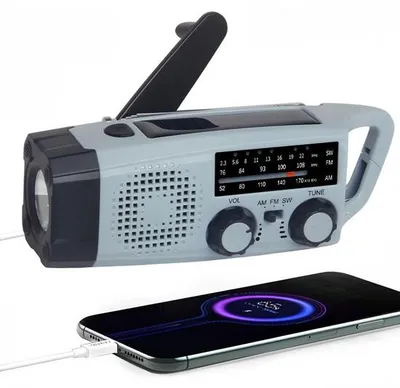Zdjęcie produktu dla Radio awaryjne Unyqoos® o pojemności 2000 mAh – AM/FM/SW, zasilane energią słoneczną i korbką ręczną, z portem USB (powerbank 5V), lampką LED o mocy 1W, alarmem SOS, przeznaczone do użytku wewnątrz i na zewnątrz