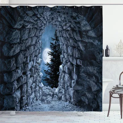 Immagine prodotto di ABAKUHAUS Tenda da doccia gotica, caverna buia con luna piena di notte, stampa horror medievale gotica, 175 x 200 cm, blu grigio