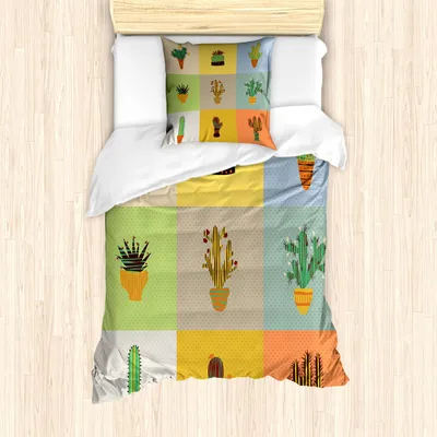 Obrázek produktu pro ABAKUHAUS Ročník Sada povlečení, Botanické kaktusy Květiny ve váze Sukulenty Tropické puntíky Ilustrace, 135 x 200 cm + 80 x 80 cm, Vícebarevné